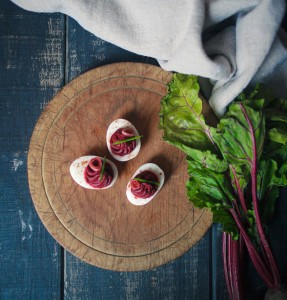 Deviled Red Beet Eggs with Pickled Shallots, Beet Mousse, Paprika at Ad Lib Craft Kitchen & Bar in Harrisburg, PA
